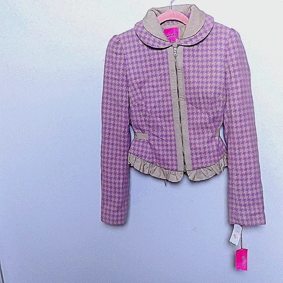 Phoebe x Kay Unger Purple and Tan Houndstooth Ruffle Trim Zip Up Blazer Size 2 - Picture 1 of 16